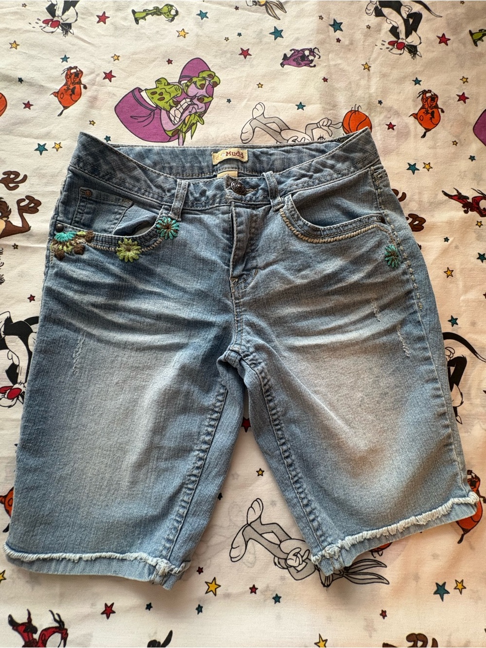 Mudd Light Blue Denim Bermuda Shorts with Floral Embroidery